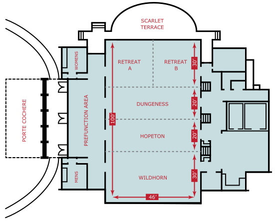 Floor plan of a conference space showing five rooms (Retreat A, Retreat B, Dungeness, Hopeton, and Wildhorn) with labeled dimensions, entrances, prefunction area, womens and mens restrooms, and a terrace. - Villas by the Sea Resort, Jekyll Island