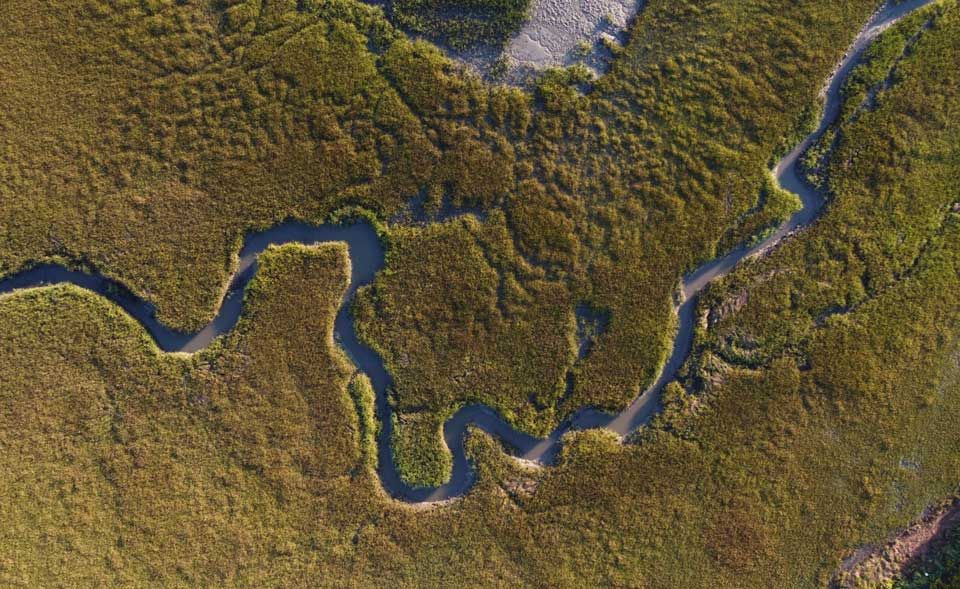 Aerial view of a winding river or stream cutting through dense green marshland, with patches of grass and vegetation on both sides. The waterway creates curved, snake-like patterns across the landscape. - Villas by the Sea Resort, Jekyll Island