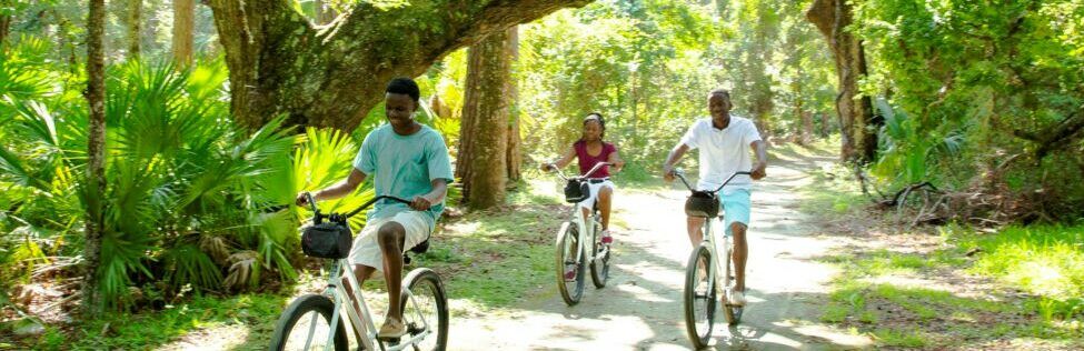 Three people ride bicycles along a sunlit, tree-lined path on Jekyll Island - Villas by the Sea Resort, Jekyll Island