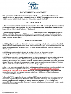 A document titled Rotating Rental Agreement with Villas by the Sea branding, outlining terms for renting and managing Villa units, including agency exclusivity, rental of premises, and responsibilities of involved parties. - Villas by the Sea Resort, Jekyll Island