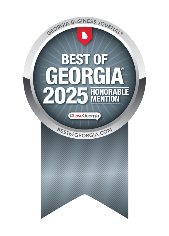 A silver and gray ribbon badge reads Best of Georgia 2025 Honorable Mention from Georgia Business Journal, with a red heart and #LoveGeorgia and the website bestofgeorgia.com at the bottom. - Villas by the Sea Resort, Jekyll Island